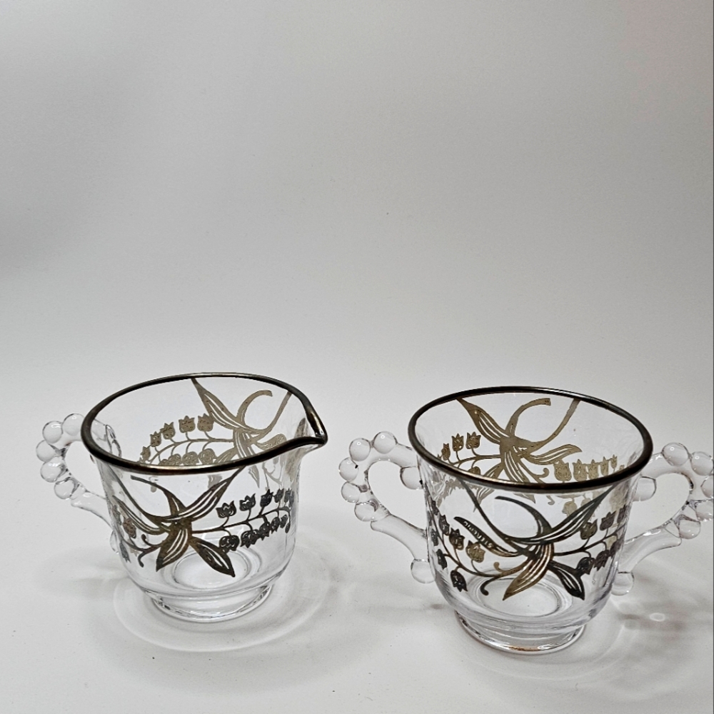 Vtg Candlewick Imperial Glass Open Sugar And Creamer Set Sterling Silver Overlay